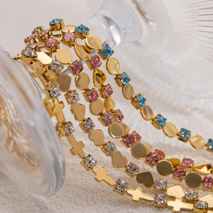 18K gold plated stainless steel bracelet with colorful zircon heart and cross charms