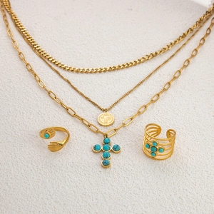 Vintage Edelstahl Schmuckset Für Damen Naturstein Türkis Kreuz St Benedikt Medaille Mehrlagige Halskette Und Ring