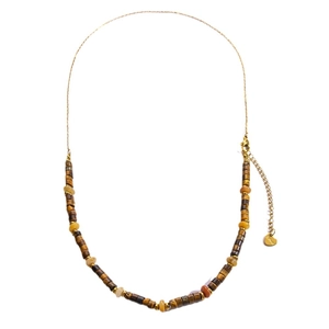 Collier en perles d'œil de tigre avec pendentif cœur en acier doré 18 carats