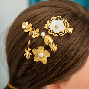 Stainless Steel Floral Sea Star Shell Hair Clip With Artificial Pearl Zirconia Gold Plated Marine Style Hair Accessories For Women