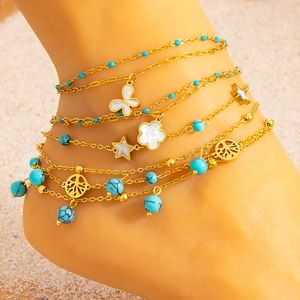 Böhmisches Edelstahl Fußkettchen Für Damen Vergoldet Lebensbaum Schmetterling Kleeblatt Stern Türkis Künstliche Perle Zirkonia Strand Schmuck Geschenk