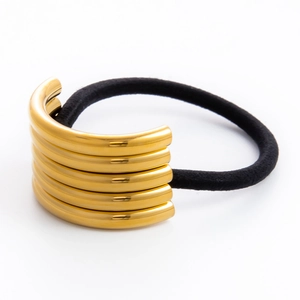 Élastique à cheveux doré à plusieurs rangées de métal avec bandeau noir pour queue de cheval