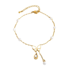 Eleganter Gold-Fußkettchen mit Schmetterling, weißen Perlen und Zirkonia-Anhänger