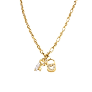 Collier élégant en perles dorées avec pendentifs cœur serti de strass et clé dorée
