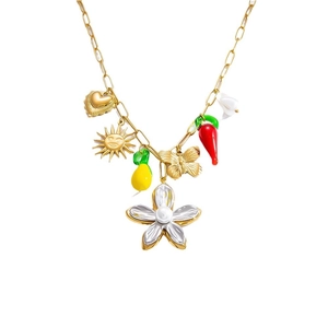 Gold-plated stainless steel chain necklace with colorful enamel charms and a center flower