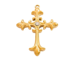 Ciondolo a croce barocca in acciaio inossidabile placcato oro 18k con zircone centrale