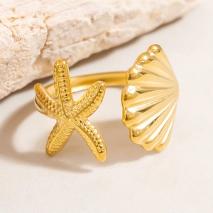 Anello aperto con stella marina e conchiglia placcato oro 18k con finitura lucida