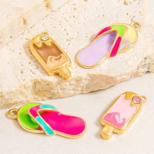 Gold stainless steel summer bikini charms with colorful enamel flip-flops and ice cream shapes