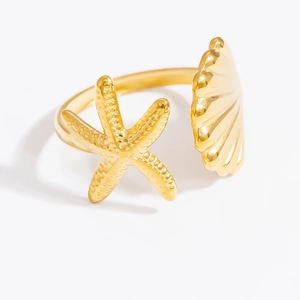 Anello aperto in acciaio inossidabile dorato con design marino di stella marina e conchiglia