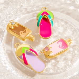 Enamel Stainless Steel Alloy Summer Pendant For DIY Jewelry Making Ice Cream Flip-Flop Apple Croissant Charms Pendant Only