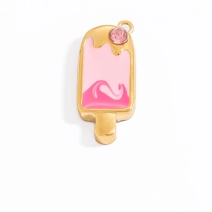 Polished gold ice cream pendant with pink enamel and sparkling gemstone inlay