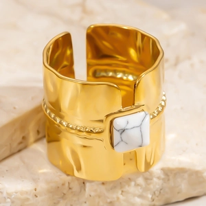 18k gold plated stainless steel hammer texture ring with square white turquoise