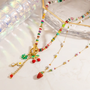 Edelstahl Erdbeere Kirsche Blume Anhänger Halskette Für Damen Bunte Perlen Künstliche Perle Schlüsselbeinkette Schmuck