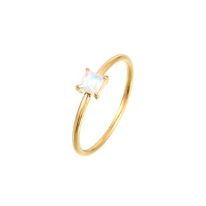 Close-up of a gold band ring featuring a square-cut iridescent opal stone detail