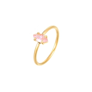 Detail of a thin gold ring featuring a pink marquise-cut gemstone in a four-prong setting