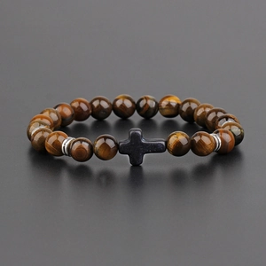 Bracciale di perle occhio di tigre con ciondolo a croce religiosa per uomo e donna