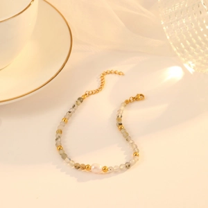 Pulsera de Perlas Artificiales de Piedra Natural para Mujer Acero Inoxidable Chapado en Oro Cuentas de Labradorita Joyería Regalo