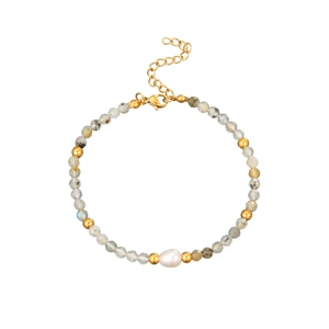 Pulsera de piedras naturales grises con cuentas doradas y dije de perla blanca