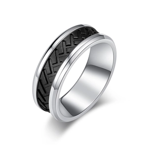 Men's industrial style stainless steel tire tread ring with polished silver and black band