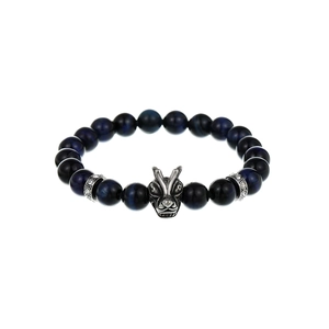 Vintage beaded bracelet for men with deep blue tiger eye stones and a silver dragon head
