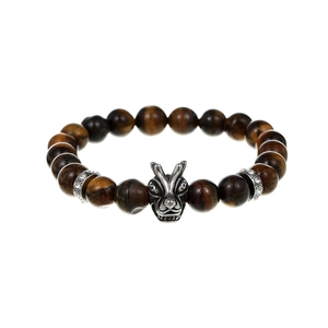 Tiger eye beaded bracelet for men featuring a vintage silver sheep head charm