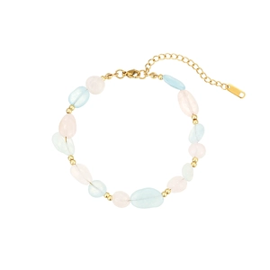 Pink and blue semi-precious stone beaded bracelet with golden metal accents and clasp