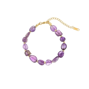 Vintage stainless steel beaded bracelet with purple natural stones and gold lobster clasp
