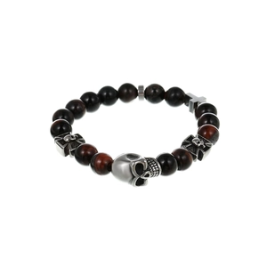 Pulsera para hombre con cuentas de piedra marrón y calavera de plata en fondo blanco