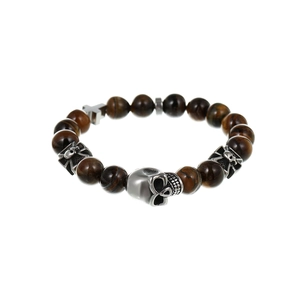 Pulsera de cuentas ojo de tigre para hombre con calavera de plata vintage y detalles cruz