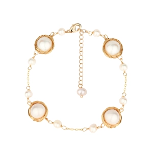 Elegant gold-plated wire-wrapped pearl bracelet with adjustable lobster clasp closure