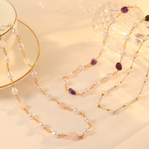 Damen Mode Edelstahl Süßwasserperle Halskette Elegant Natur Rosa Quarz Amethyst Stein Perlen Kragen Schmuck