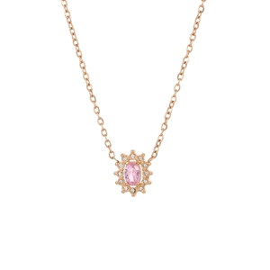 Collana elegante in titanio oro rosa con pendente in zircone rosa ovale e pietre bianche