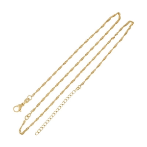 Detail view of gold-plated twisted water wave chain with lobster clasp and extender