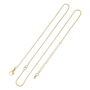 Detail view of a 14K gold plated box chain necklace with lobster clasp and extension