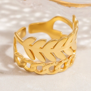 Detailansicht goldener doppelter Ring mit Weizenblatt und Panzerketten-Struktur