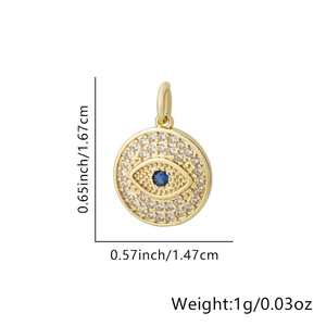 Macro detail of Evil Eye pendant with clear crystals and blue stone including dimensions