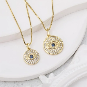 Fashion Copper Gold Plated Round Evil Eye Pendant Only Without Chain Pave Rhinestone Blue Stone Women DIY Necklace Accessory