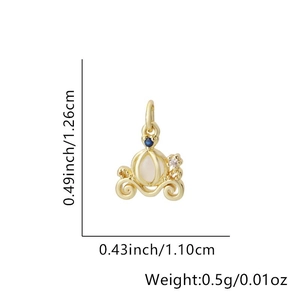 Macro detail of pumpkin carriage pendant showing dimensions 1.26cm by 1.10cm in 18k gold