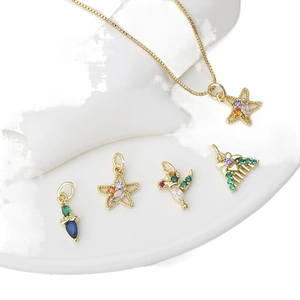 French vintage starfish pendant necklace set with colorful zircons in gold plating