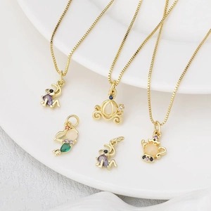 18k gold plated fairytale charms necklace set with colorful zircon stones on box chain