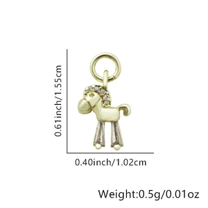 Macro detail of gold pony pendant with dimensions showing crystals and size markings