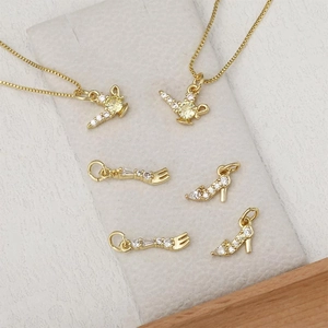 Retro gold necklaces with zircon-studded magic lamp, fork, and high heel charms