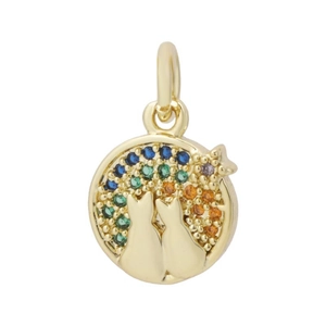 Pendente gatto dorato con zirconi arcobaleno e sagome di gattini in stile moderno