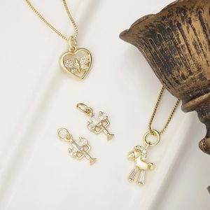 French vintage gold heart and pony pendant necklaces with crystal inlay for women
