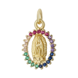 Pendente ovale in oro della Vergine Maria con pietre di zircone colorate su fondo bianco