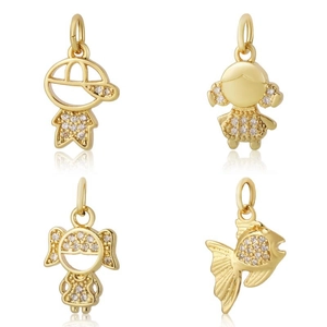 18k gold-plated boy girl and goldfish pendants with sparkling crystal inlay on white background