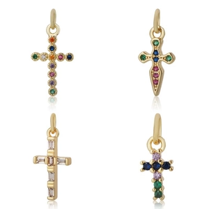 18K gold plated cross pendants set with colorful cubic zirconia for jewelry making