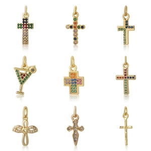 Collection of gold cross pendants with colorful zircon inlay shown in a 3x3 grid layout