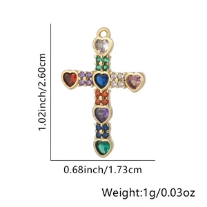 Macro detail of cross pendant with colorful heart-shaped stones and size dimensions