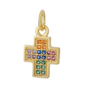 Cross pendant in 18k gold-plated copper with colorful inlaid zirconia gemstones